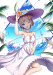  1girl ;d bangs blue_eyes bow breasts brown_hair cleavage clouds dress flower hair_flower hair_ornament hand_on_headwear hat hat_flower hat_ribbon head_tilt looking_at_viewer love_live! love_live!_sunshine!! one_eye_closed open_mouth ribbon short_hair sleeveless sleeveless_dress smile solo spaghetti_strap straw_hat sundress watanabe_you water white_dress xiaosan_ye 