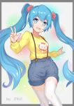  1girl artist_name blue_eyes blue_hair eric_(mr_juice) hatsune_miku highres long_hair open_mouth overwatch rabbit shorts solo suspenders thigh-highs twintails very_long_hair vocaloid white_legwear 