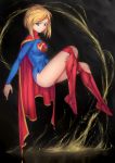  1girl bangs black_background blonde_hair blue_eyes boots breasts cape covered_navel dc_comics eyebrows eyebrows_visible_through_hair floating from_side highres large_breasts leotard long_sleeves red_boots red_cape solo supergirl tsuki_suigetsu 