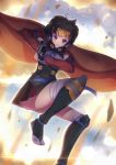  1girl bandages black_hair blue_ribbon firing_at_viewer highres holding koutetsujou_no_kabaneri looking_at_viewer mumei_(kabaneri) red_eyes ribbon short_hair solo xiaosan_ye 