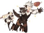  1boy 1girl alternate_costume animal_ears apron black_hair blonde_hair boots closed_eyes dress elise_(fire_emblem_if) fire_emblem fire_emblem_if flannel_(fire_emblem_if) food gloves hair_ribbon long_hair maid maid_apron meat multicolored_hair open_mouth purple_hair ribbon short_hair simple_background sparkle starshadowmagician tail thigh-highs twintails two-tone_hair white_background white_hair wolf_ears wolf_tail 