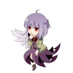  1girl angel_wings bow bowtie brown_jacket buna_shimeji_(keymush) covering_mouth dress feathered_wings jacket kishin_sagume long_sleeves open_clothes open_jacket purple_dress red_eyes silver_hair simple_background single_wing solo touhou white_wings wings 