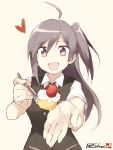  1girl :d ahoge bangs black_vest buttons cake collared_shirt eyebrows eyebrows_visible_through_hair food fruit hagikaze_(kantai_collection) hair_between_eyes heart holding holding_spoon kantai_collection long_hair looking_at_viewer open_mouth pink_background pocket pov_feeding purple_hair red_ribbon ribbon shirt short_sleeves side_ponytail signature simple_background sleeveless smile solo souji spoon strawberry twitter_username upper_body violet_eyes white_shirt 