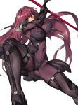  1girl armor armored_boots ass bodysuit boots breasts covered_navel covered_nipples fate/grand_order fate_(series) gae_bolg high_heels holding holding_weapon long_hair looking_at_viewer melon22 polearm purple_hair red_eyes scathach_(fate/grand_order) solo spear weapon white_background 