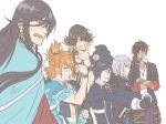  6+boys applemac black_gloves black_hair blonde_hair blue_eyes brown_hair closed_eyes crossed_arms earrings gloves grin honebami_toushirou izumi-no-kami_kanesada japanese_clothes jewelry male_focus military military_uniform multicolored_hair multiple_boys nagasone_kotetsu ookurikara orange_hair smile tattoo touken_ranbu two-tone_hair uniform urashima_kotetsu white_hair yagen_toushirou yellow_eyes 