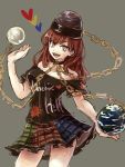  1girl bare_shoulders breasts chain checkered checkered_skirt cleavage collarbone cowboy_shot earth_(ornament) hecatia_lapislazuli miniskirt moon_(ornament) multicolored_skirt namuko off_shoulder red_eyes redhead skirt slit_pupils solo touhou 