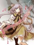  1girl biwa_lute chain dress flower hair_flower hair_ornament instrument lavender_eyes lavender_hair lightning long_hair low_twintails lute_(instrument) musical_note namuko solo touhou tsukumo_benben twintails 