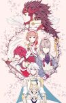  2girls 3boys armor bird_wings brown_hair cape cherry_blossoms fire_emblem fire_emblem_if gloves grey_hair hair_between_eyes hairband hinoka_(fire_emblem_if) long_hair multiple_boys multiple_girls my_unit_(fire_emblem_if) orange_eyes petals pink_hair pointy_ears polearm ponytail red_eyes redhead ryouma_(fire_emblem_if) sakura_(fire_emblem_if) short_hair siblings staff takumi_(fire_emblem_if) weapon wings yoonmi 