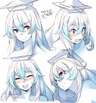  1girl :d blue_hair blush commentary_request dated expressions hair_between_eyes hair_over_one_eye hat kamishirasawa_keine kokka_han long_hair looking_at_viewer multicolored_hair nose_blush open_mouth portrait red_eyes sidelocks sketch smile solo sweat touhou two-tone_hair white_hair 