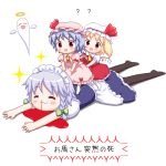  3girls :3 ? bebeneko blonde_hair blood blue_hair bow braid death flandre_scarlet ghost giving_up_the_ghost hat hat_bow izayoi_sakuya maid_headdress mob_cap multiple_girls nosebleed open_mouth red_eyes remilia_scarlet riding silver_hair touhou translated twin_braids 