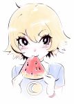  1girl blonde_hair blue_eyes food fruit highres ilya_kuvshinov short_hair solo watermelon 