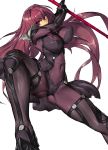  1girl armor armored_boots ass bodysuit boots breasts commentary_request covered_navel covered_nipples fate/grand_order fate_(series) gae_bolg high_heels highres holding holding_weapon long_hair looking_at_viewer melon22 polearm purple_hair red_eyes scathach_(fate/grand_order) solo spear weapon white_background 