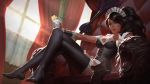  1girl alternate_costume black_hair black_legwear cat drink facial_mark feather_duster finger_to_mouth forehead_mark french_maid_nidalee league_of_legends maid maid_headdress nidalee official_art riot_games thigh-highs 