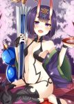  1girl alcohol blush breasts commentary_request fate/grand_order fate/stay_night fate_(series) horns japanese_clothes kimono kuzuyu looking_at_viewer navel off_shoulder oni oni_horns open_mouth purple_hair sakazuki sake short_hair shuten_douji_(fate/grand_order) sitting small_breasts smile solo sword violet_eyes wariza weapon 