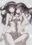  2girls arms_behind_back asymmetrical_docking bare_shoulders bikini black_eyes black_hair blush breast_press breasts bubble ear from_side hand_on_hip highres large_breasts long_hair looking_away multiple_girls navel original pale_skin profile smile swimsuit tefec thighs underwater 