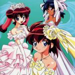  3girls 90s aqua_background arms_up artist_request bare_shoulders bloodberry_(saber_r) blue_eyes blue_hair breasts bridal_veil bride brown_hair cherry_(saber_r) cleavage dark_skin dress elbow_gloves flower gloves hair_flower hair_ornament hairband jewelry lime_(saber_r) looking_at_viewer multiple_girls necklace o official_art one_eye_closed red_eyes redhead saber_marionette_r short_hair simple_background smile twintails veil wedding_dress 