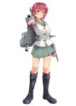  1girl aiming_at_viewer boots commentary_request full_body grin kakiha_makoto kantai_collection kinu_(kantai_collection) looking_at_viewer mecha_musume red_eyes redhead school_uniform short_hair simple_background skirt smile standing white_background 