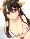  1girl adapted_costume bikini black_hair blush breasts brown_eyes cleavage closed_mouth collarbone dutch_angle hair_between_eyes hair_ornament hairband hairclip haruna_(kantai_collection) highres jiiwara kantai_collection large_breasts long_hair looking_at_viewer side-tie_bikini smile solo sparkle swimsuit twitter_username water white_background 