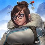  1girl artist_name black-framed_eyewear blue_sky breasts brown_eyes brown_hair closed_mouth day dcwj earrings fur_collar fur_trim glint hair_bun hair_ornament hair_stick jewelry large_breasts looking_at_viewer mei_(overwatch) mountain overwatch red_lips short_hair signature sky smile snowing solo upper_body watermark web_address 