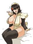  1girl black_hair black_legwear breasts cleavage eu03 huge_breasts iroha_(samurai_spirits) japanese_clothes jewelry maid maid_headdress open_mouth ring samurai_spirits short_hair sideboob sitting sketch solo thigh-highs 