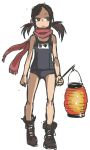  1girl bare_arms bare_legs bare_shoulders black_eyes boots brown_hair frown highres lantern paper_lantern red_scarf scarf school_swimsuit swimsuit translated twintails white_background yamamoto_souichirou 
