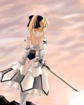  1girl absurdres ahoge armor armored_dress bare_back black_ribbon blonde_hair blue_eyes fate/grand_order fate_(series) hair_ribbon highres holding holding_sword holding_weapon kanade_(pixiv14991037) long_hair outdoors ponytail ribbon saber saber_lily solo sword weapon 