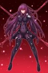  1girl bodysuit breasts covered_navel dual_wielding fate/grand_order fate_(series) full_body gae_bolg highres holding holding_weapon large_breasts long_hair pauldrons polearm purple_hair red_eyes scathach_(fate/grand_order) solo tnk_(p_freaks) very_long_hair weapon 