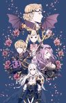  2boys 3girls armor bat_wings blonde_hair blue_background book breasts camilla_(fire_emblem_if) cape cleavage elise_(fire_emblem_if) fire_emblem fire_emblem_if flower gloves hair_between_eyes hair_over_one_eye hair_ribbon hairband leon_(fire_emblem_if) long_hair marx_(fire_emblem_if) multiple_boys multiple_girls my_unit_(fire_emblem_if) petals pink_rose pointy_ears purple_hair red_eyes ribbon rose rose_petals siblings staff twintails violet_eyes wings yoonmi 