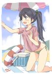  1girl alternate_costume artist_name beach beach_umbrella bikini bikini_bottom black_hair blue_eyes commentary_request cooler dated flying_sweatdrops green_bikini houshou_(kantai_collection) kantai_collection lifebuoy long_hair ponytail see-through_silhouette shirt side-tie_bikini solo_focus swimsuit t-shirt taishi_(moriverine) umbrella 