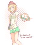  1girl anchan blonde_hair blue_eyes female_protagonist_(pokemon_sm) highres pokemon pokemon_(creature) rowlet shirt short_hair shorts tied_shirt 