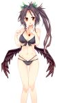  1girl :o ass_visible_through_thighs bare_legs bikini black_bikini black_hair black_wings blush bow breasts cleavage collarbone eyebrows eyebrows_visible_through_hair front-tie_bikini front-tie_top green_bow groin hair_bow highres jewelry long_hair looking_at_viewer maturiuta_sorato medium_breasts multi-strapped_bikini navel o-ring_top pendant red_eyes reiuji_utsuho sidelocks simple_background skinny solo standing swimsuit thigh_gap touhou white_background wings 