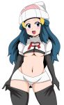  1girl alternate_costume blue_eyes blue_hair breasts cosplay cowboy_shot crop_top hat highres hikari_(pokemon) koutarosu long_hair looking_at_viewer microskirt navel open_mouth panties pokemon pokemon_(game) skirt solo striped striped_panties team_rocket team_rocket_(cosplay) under_boob underwear wide_hips 