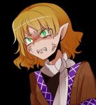  1girl anger_vein angry blonde_hair clenched_teeth commentary_request green_eyes japanese_clothes kasuura_(cacula) looking_away mizuhashi_parsee pointy_ears shaded_face short_hair solo teeth touhou upper_body 