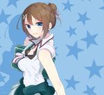  1girl alternate_costume alternate_hairstyle bag blue_background blue_eyes breasts brown_hair cleavage commentary_request eyebrows eyebrows_visible_through_hair highres kantai_collection looking_to_the_side maya_(kantai_collection) medium_breasts open_mouth school_bag school_uniform short_hair solo star starry_background tebi_(tbd11) x_hair_ornament 