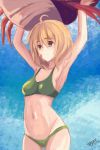  1girl ahoge alternate_costume armpits arms_up bandaid bandaid_on_face bare_shoulders bikini brown_eyes brown_hair closed_mouth commentary_request crab eyebrows eyebrows_visible_through_hair green_bikini kantai_collection navel oboro_(kantai_collection) parted_lips short_hair swimsuit yanagi_wakana 