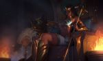 1girl braid brazier cougar_(animal) crown egyptian_clothes fire league_of_legends midriff nidalee official_art pharaoh_nidalee polearm riot_games spear throne weapon 