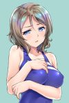  1girl aqua_background bare_arms blue_eyes breast_hold breast_suppress breasts brown_hair chikugen_shiina collarbone competition_swimsuit covered_nipples hand_on_own_chest looking_at_viewer love_live! love_live!_sunshine!! medium_breasts one-piece_swimsuit shiny shiny_clothes short_hair simple_background solo swimsuit upper_body watanabe_you 