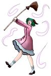  1girl broom full_body green_eyes green_hair highres kasodani_kyouko moonywitcher short_hair simple_background solo spirit spirits touhou 