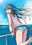  1girl bare_shoulders blue_hair character_request highres leaning_forward loose_clothes open_mouth panties puma_(hyuma1219) railing sketch sky solo striped striped_panties thighs underwear water yellow_eyes 