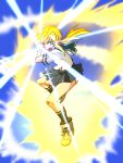  1girl aura black_legwear blonde_hair commentary_request dragon_ball dragon_ball_z fubuki_(kantai_collection) green_eyes highres kamehameha kantai_collection long_hair parody school_uniform serafuku spiky_hair super_saiyan tsukushi_(741789) 