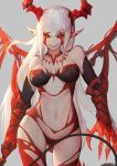  1girl breasts claws commentary_request cowboy_shot gods_(1073337800) grey_background grin highres horns long_hair looking_at_viewer navel original pointy_ears red_eyes seven_deadly_sins simple_background slit_pupils smile solo white_hair wings 