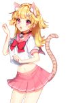  1girl animal_ears bell bell_collar blonde_hair bow collar crop_top earrings fang hair_ornament hairclip jewelry jingle_bell looking_at_viewer midriff navel ninee open_mouth original paw_pose pink_eyes pink_skirt pleated_skirt school_uniform serafuku skirt slit_pupils solo tail tiger_ears tiger_tail two_side_up white_background 