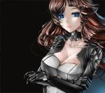 1girl blue_eyes bodysuit breasts brown_hair cleavage crossed_arms eyelashes glowing highres large_breasts long_hair looking_at_viewer original solo upper_body wind yishi_de_wangxiang 
