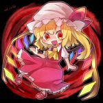  1girl :d ascot blonde_hair blush chibi commentary_request crystal dress flandre_scarlet full_body hat hat_ribbon kasuura_(cacula) looking_at_viewer mary_janes mob_cap open_mouth orange_eyes puffy_short_sleeves puffy_sleeves red_dress red_ribbon red_shoes ribbon shoes short_sleeves side_ponytail smile solo touhou wings 