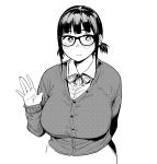  1girl blush breasts fukumaaya glasses large_breasts long_sleeves monochrome original short_hair short_twintails simple_background sleeves_past_wrists smile solo sweater_vest twintails upper_body white_background 