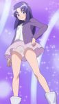  1girl hand_on_hip happinesscharge_precure! haruyama_kazunori hikawa_iona long_hair looking_at_viewer panties precure purple_hair skirt smile solo underwear violet_eyes 