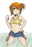  1girl anzuu blush breasts dengeki!_pikachu denim denim_shorts green_eyes kasumi_(pokemon) navel panties pokemon short_hair shorts side_ponytail solo suspenders underwear 