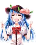  1girl ^_^ blue_hair bow closed_eyes double_v food fruit hat hinanawi_tenshi leaf open_mouth peach puffy_sleeves re-ka short_sleeves smile solo touhou upper_body v 