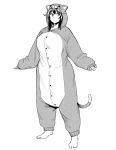  1girl animal_costume bangs breasts buttons cat_costume fukumaaya full_body large_breasts long_hair long_sleeves simple_background sleeves_past_wrists solo standing white_background 