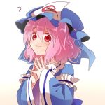  1girl ? arm_garter blue_kimono blush commentary_request fingers_together hat hitodama japanese_clothes kasuura_(cacula) long_sleeves looking_at_viewer mob_cap pink_eyes pink_hair saigyouji_yuyuko short_hair smile solo touhou triangular_headpiece upper_body wide_sleeves 